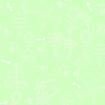 Seamless pattern. Green background with marine and tourist themes. Vector Stock Illustration