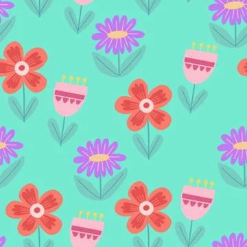 Seamless pattern on a green background with pink, lilac, red colors, for Stock Illustration