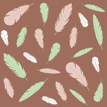 Seamless pattern with green, beige and white feathers on a brown background Illustrazione stock
