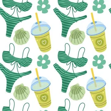 Seamless pattern with green bikini cocktail shell and flowers for beach holid Stockillustratie