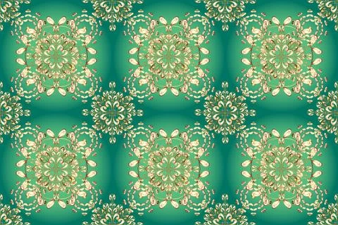 Seamless pattern on green, blue and beige colors with golden elements. Raster or Stock Illustration