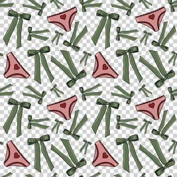 Seamless pattern, green bows, pink panties, red heart, love on transparent bg Stock Illustration