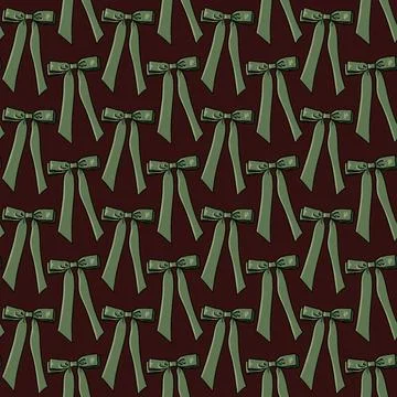  Seamless pattern with green bows,ribbons on a dark red background Stock Illustration