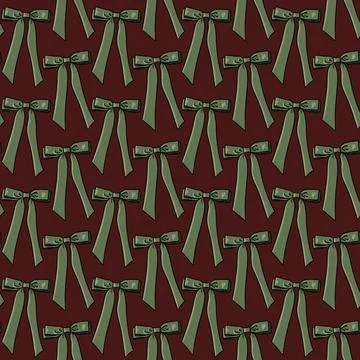  Seamless pattern with green bows,ribbons on a dark red background Stock Illustration