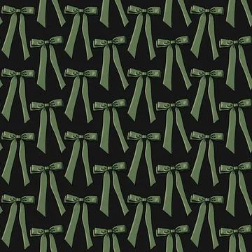 Seamless pattern with green bows,ribbons on a dark black background Stock Illustration