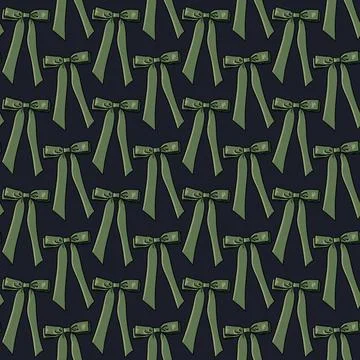 Seamless pattern with green bows,ribbons on a dark blue background Stock Illustration