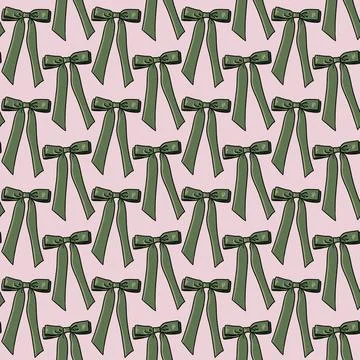 Seamless pattern with green bows,ribbons on a light pink background Stock Illustration