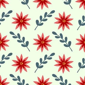 Seamless pattern with green branch and red poinsettia flowers. Stock Illustration