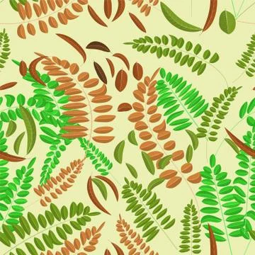 Seamless pattern with green brown and ginger acacia leaf on yellow background Stock Illustration
