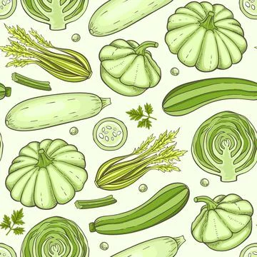 Seamless pattern with green cabbage, celery and squash. Stock Illustration