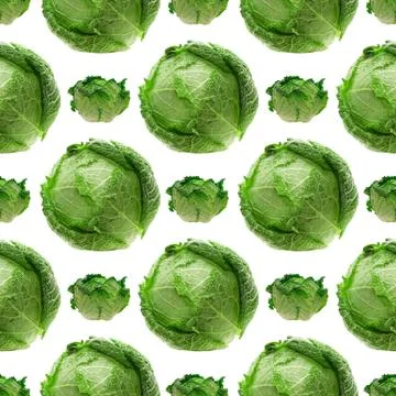 Seamless pattern of green cabbage isolated on white background Stock Photos