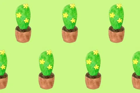 Seamless pattern with green cactuses in pots. Cartoon style print Stock Illustration