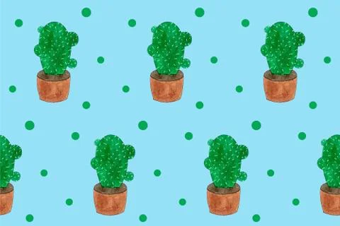 Seamless pattern with green cactuses in pots. Cartoon style print Stock Illustration
