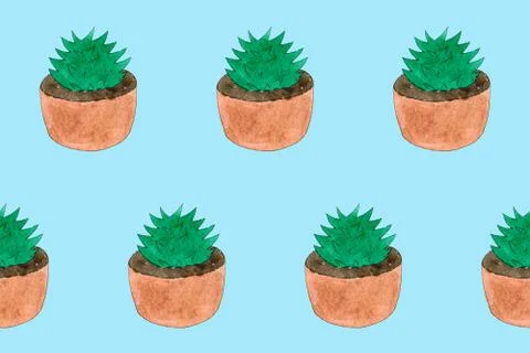 Seamless pattern with green cactuses in pots. Cartoon style print Stock Illustration