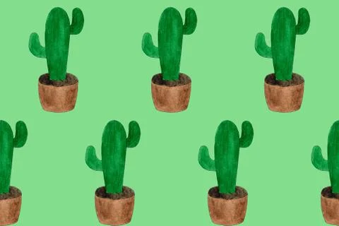 Seamless pattern with green cactuses in pots. Cartoon style print Stock Illustration