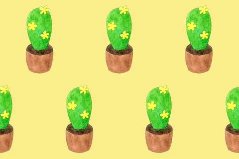 Seamless pattern with green cactuses in pots. Cartoon style print Illustrazione stock
