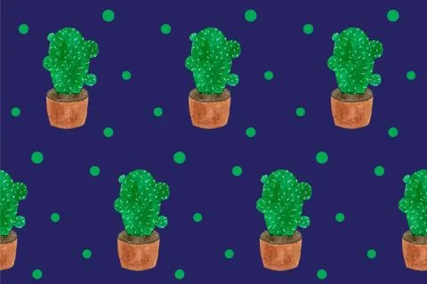 Seamless pattern with green cactuses in pots. Cartoon style print Stock Illustration