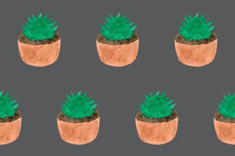 Seamless pattern with green cactuses in pots. Cartoon style print Stock Illustration