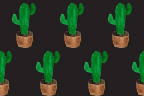 Seamless pattern with green cactuses in pots. Cartoon style print Stock Illustration
