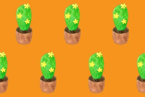 Seamless pattern with green cactuses in pots. Cartoon style print. Funny Illustrazione stock