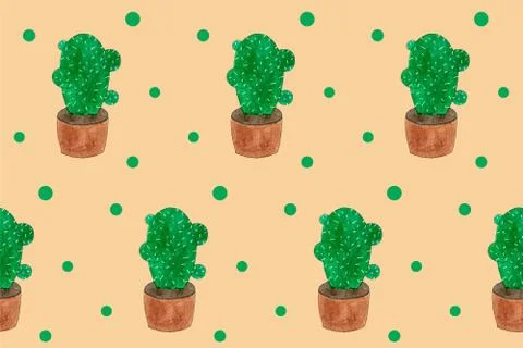 Seamless pattern with green cactuses in pots. Cartoon style print. Funny Stock Illustration