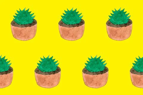 Seamless pattern with green cactuses in pots. Cartoon style print. Funny Stock Illustration
