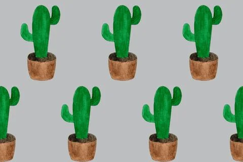 Seamless pattern with green cactuses in pots. Cartoon style print. Funny Stock Illustration