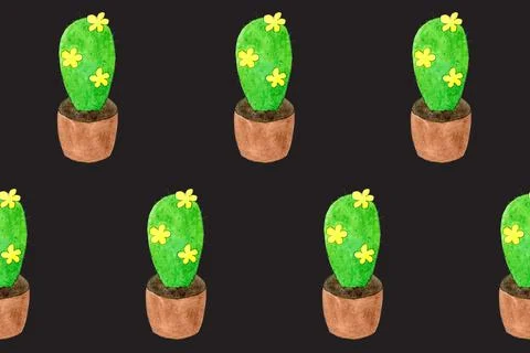Seamless pattern with green cactuses in pots. Cartoon style print. Funny illu Stock Illustration