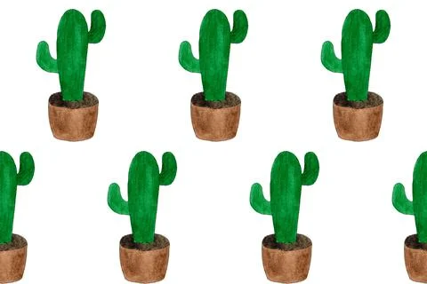 Seamless pattern with green cactuses in pots. Cartoon style print. Funny illu Stock Illustration