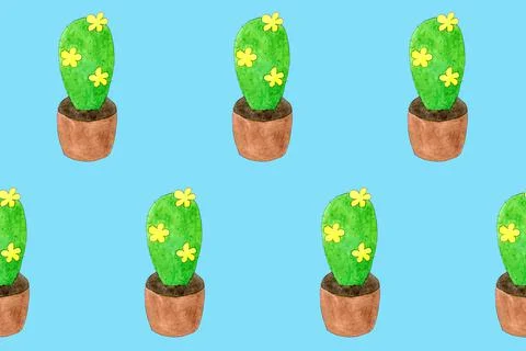 Seamless pattern with green cactuses in pots. Cartoon style print. Funny illu Stock Illustration