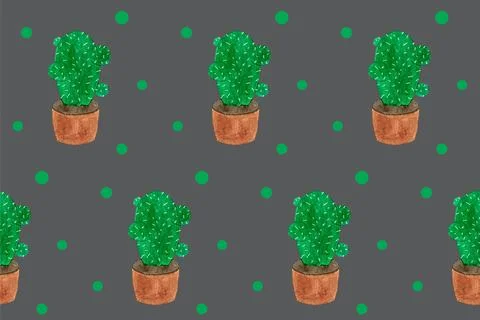 Seamless pattern with green cactuses in pots. Cartoon style print. Funny illu Stock Illustration