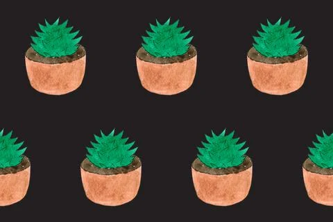 Seamless pattern with green cactuses in pots. Cartoon style print. Funny illu Stock Illustration