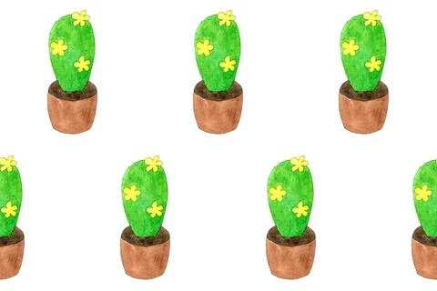 Seamless pattern with green cactuses in pots. Cartoon style print. Funny Stock Illustration