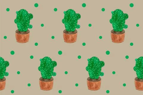 Seamless pattern with green cactuses in pots. Cartoon style print. Funny illu Stock Illustration