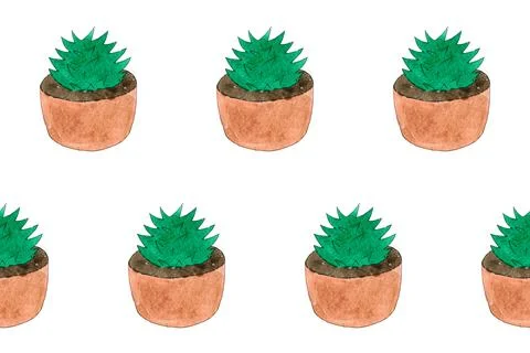 Seamless pattern with green cactuses in pots. Cartoon style print. Funny Stock-Illustration