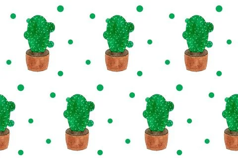 Seamless pattern with green cactuses in pots. Cartoon style print. Funny Stock Illustration