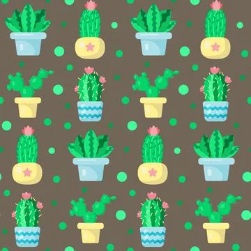 Seamless pattern with green cactuses in pots. Funny cartoon print. Home and Stock Illustration