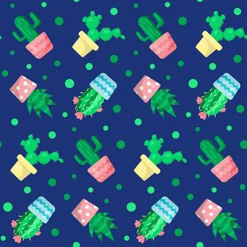 Seamless pattern with green cactuses in pots. Funny cartoon print. Home and Stock Illustration