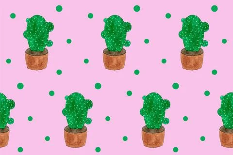 Seamless pattern with green cactuses in pots. Cartoon style print. Funny illu Stock Photos