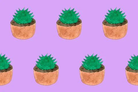 Seamless pattern with green cactuses in pots. Cartoon style print. Funny illu Stock Photos
