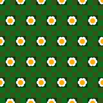 Seamless pattern with green checkerboard with daisies. 60's style. Design f.. Stock Illustration