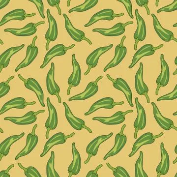 Seamless pattern with green chillies or pepper on a yellow background. Stock Illustration