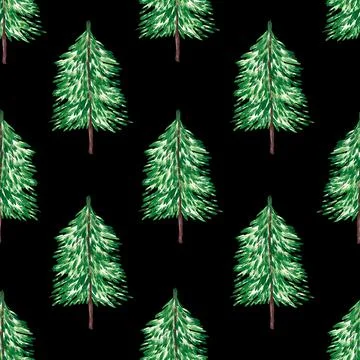 Seamless pattern with green Christmas trees on a black background. Watercolor Stock Illustration