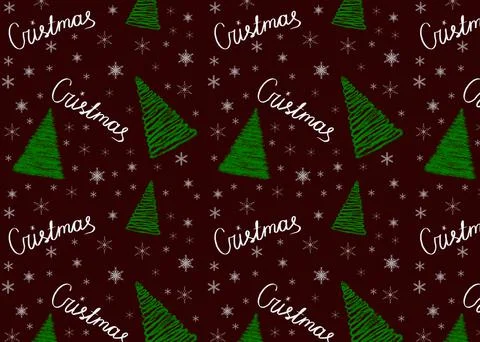 Seamless pattern with green Christmas trees, snowflakes on a dark red backgro Stock Illustration