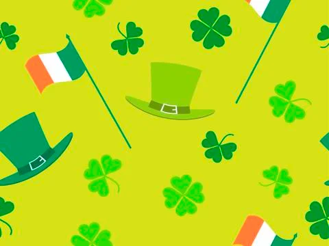Seamless pattern with green clover leaves, Irish flag and leprechaun hat. Pat Stock Illustration