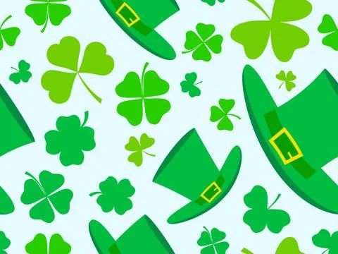 Seamless pattern with green clover leaves and leprechaun cap for St. Patric.. Stock Illustration