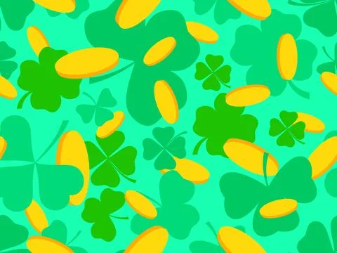 Seamless pattern with green clover leaves and gold coins for St. Patrick's .. Stock Illustration