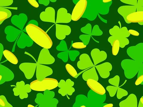 Seamless pattern with green clover leaves and gold coins for St. Patrick's .. Stock Illustration