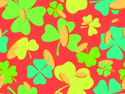 Seamless pattern with green clover leaves and gold coins for St. Patrick's .. Stock Illustration