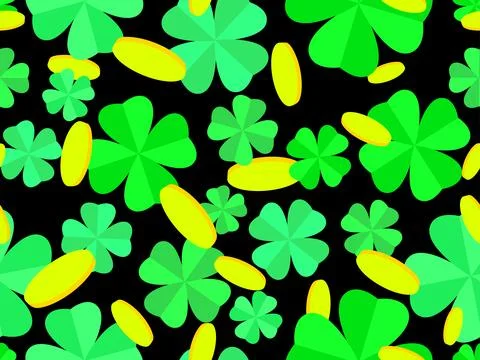 Seamless pattern with green clover leaves and gold coins for St. Patrick's .. Stock Illustration